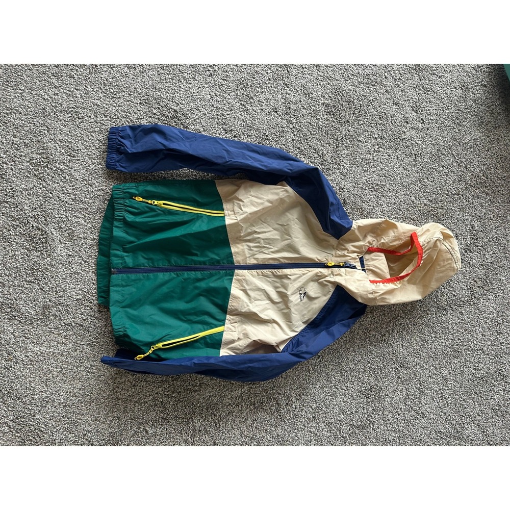 LL Bean Kids Discovery Rain Jacket Colorblock Windbreaker Blue Green Tan Size 8